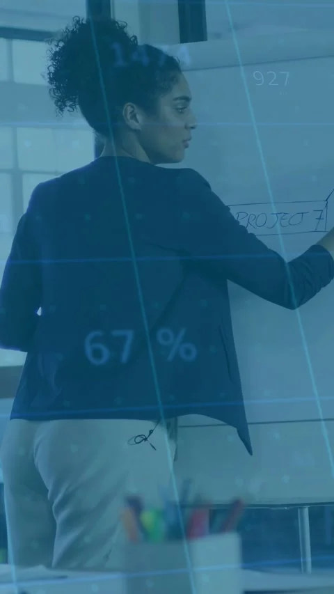 Vertical video: Lead writing on chart causing numbers showing and explaining Stock Footage 332985234