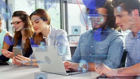 Vertical video: Leaning colleagues seeing HUD overlay, sharing phone, typing on Stock Footage 334312963