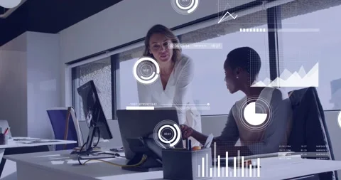 Vertical video: Leaning lead in white top guiding data at office as analyst Stock Footage 331461004