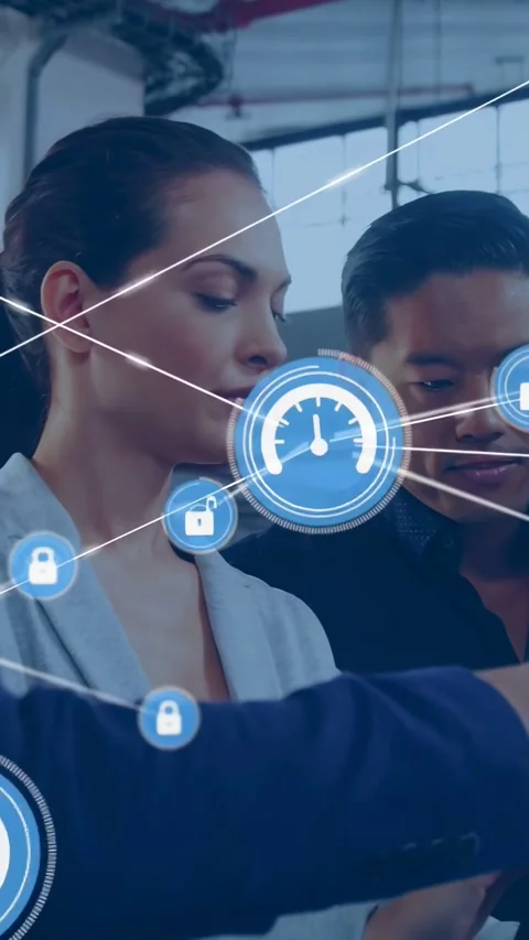 Vertical video: Leaning loft team in blazers tracking tablet as lead pointing UI Stock Footage 334598472