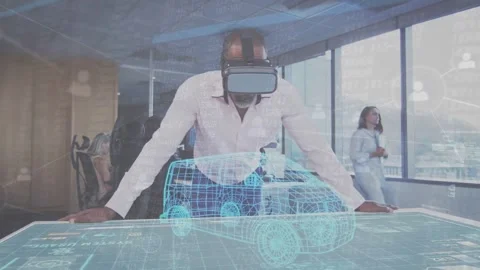 Vertical video: Leaning man in VR white shirt studying 3D car model emerging Stock Footage 334115731