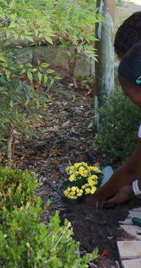 Vertical video: Leaning mom guiding child planting plant with trowel in garden, Stock Footage 346600295
