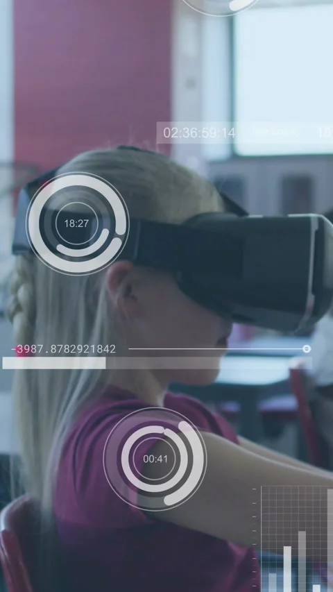 Vertical video: Learner using VR, reaching and moving charts, overlays growing, Stock Footage 331238115