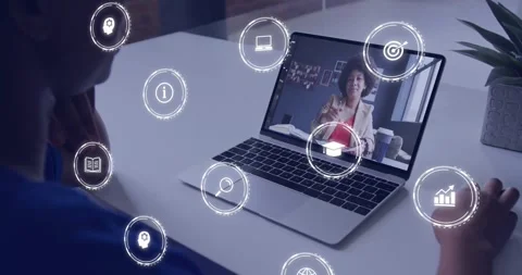 Vertical video: Learner viewing laptop as presenter talking, icons drifting, Stock Footage 330856867