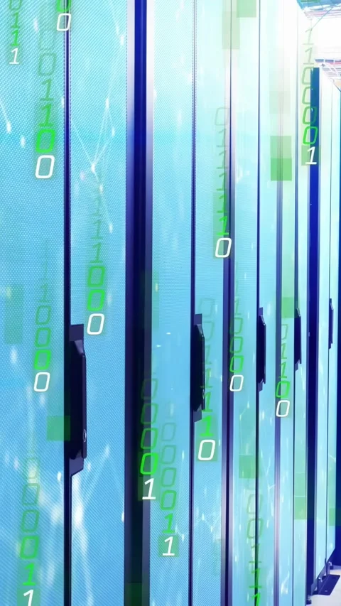 Vertical video: LED panels showing blue ripple, overlay binary stream falling, Stock Footage 331270761
