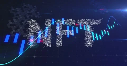Vertical video: Left blue bars emitting particles forming NFT letters on chart, Stock Footage 331169405