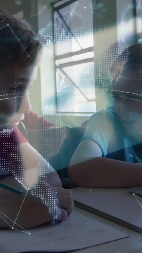 Vertical video: Left boy writing, starting animated node globe, peer smiling and Stock Footage 331238273