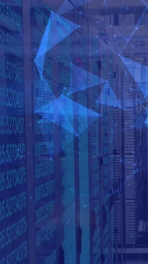Vertical video: Left code starting overlay, server racks idle while nodes Stock Footage 333006203