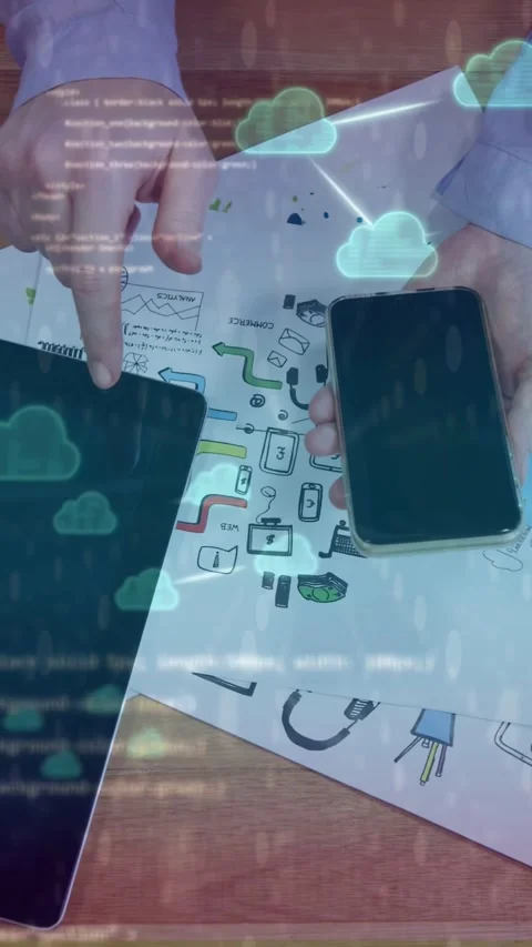 Vertical video: Left finger tapping phone hands touching tablet cloud code Stockbeeldmateriaal 335355180