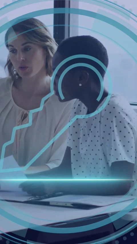 Vertical video: Left holding doc talking causing cyber HUD scanning both right Stock Footage 331177890