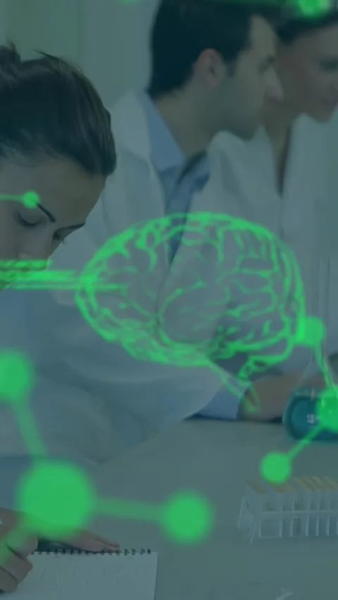 Vertical video: Left lab tech noting data in notebook as green code and neon Stock Footage 329913483