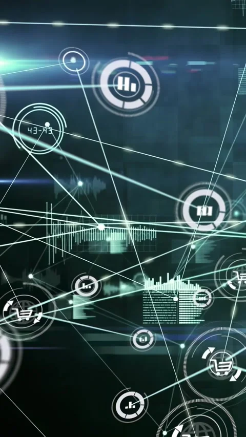 Vertical video: Left light flare sparking nodes and lines, HUD network growing Stock Footage 334540471