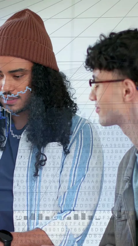 Vertical video: Left man tapping device, colleague leaning in reviewing tech Stock Footage 333953126