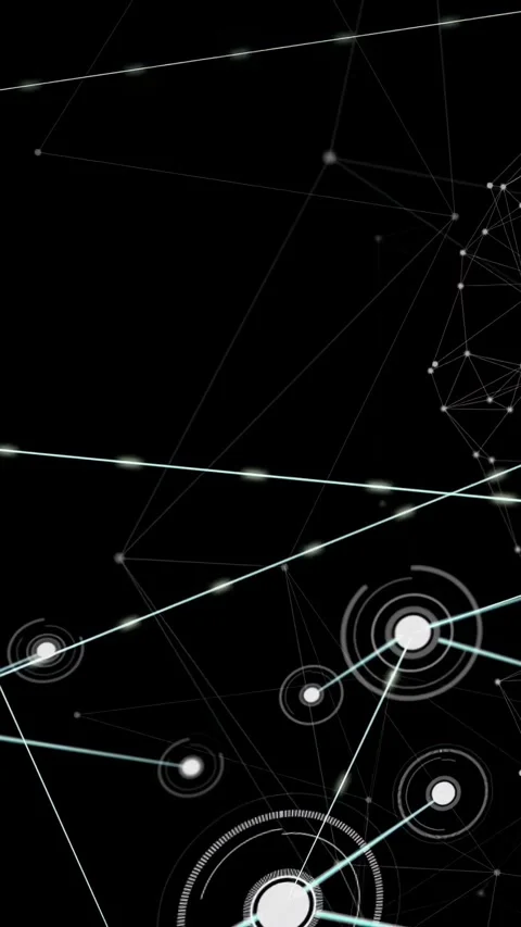 Vertical video: Left-mid hub emerging, pulsing, sending cyan beams linking dots, Stock Footage 340133251