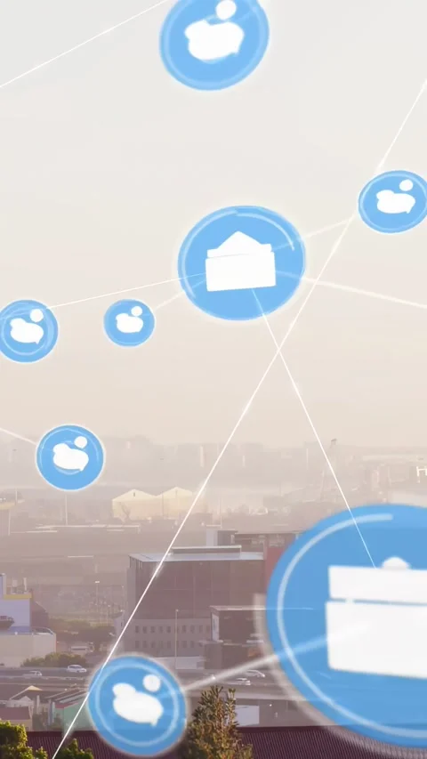 Vertical video: Left node appearing, blue mail chat folder icons linking, Video stock 334547509