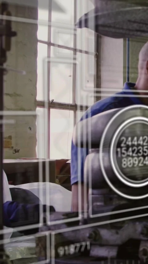 Vertical video: Left tech holding die while right operator watching, press Stock Footage 331167217