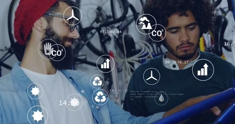 Vertical video: Left tech leaning on blue frame activating AR icons while Stock Footage 333904783