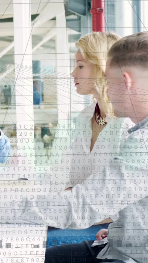 Vertical video: Left wave sparking woman turning man holding phone code overlay Stock Footage 332645061
