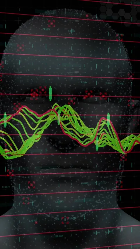 Vertical video: Left waves entering, moving across head, mapping AI data, Stock Footage 331790124