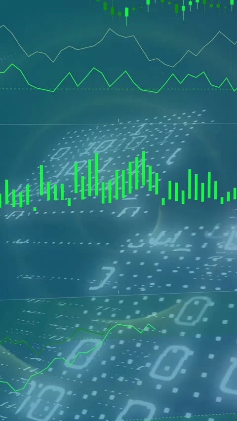 Vertical video: Lens showing globe, panel raising bars and drawing trend lines Stock Footage 334836864