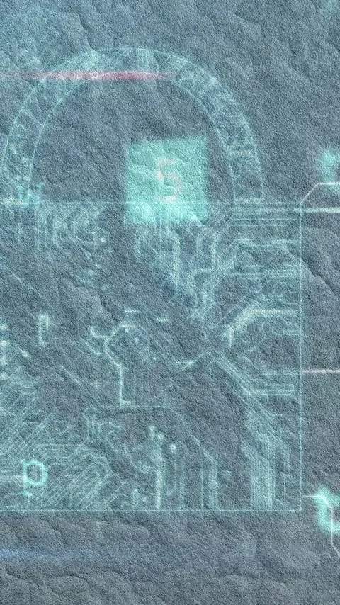 Vertical video: Letters forming DETECT SCAN sparking cyan lock scanning circuits Stock Footage 348490400