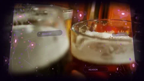 Vertical video: Lifting hands holding beer glasses at bar following HUD overlay Stock Footage 334120496