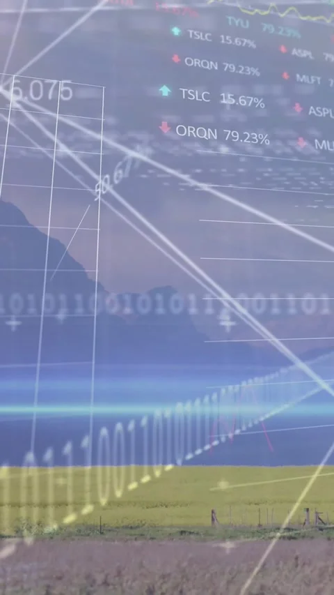 Vertical video: Light beam sparking AR overlay on field showing trade grid Stock Footage 334187319