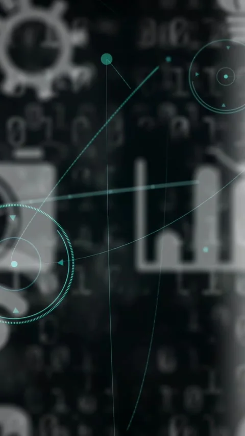 Vertical video: Light bloom starting tech HUD scene, gear rising, nodes tracing Stock Footage 337428172
