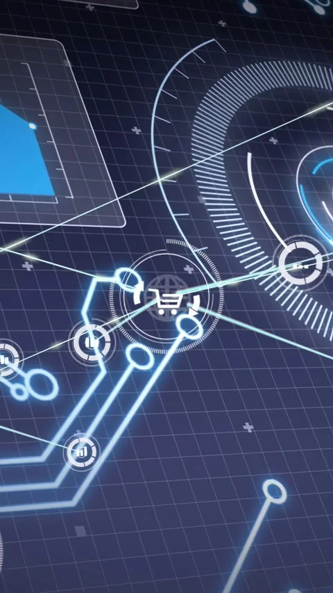 Vertical video: Light blue beam starting cart node linking neon traces with Video stock 330938414