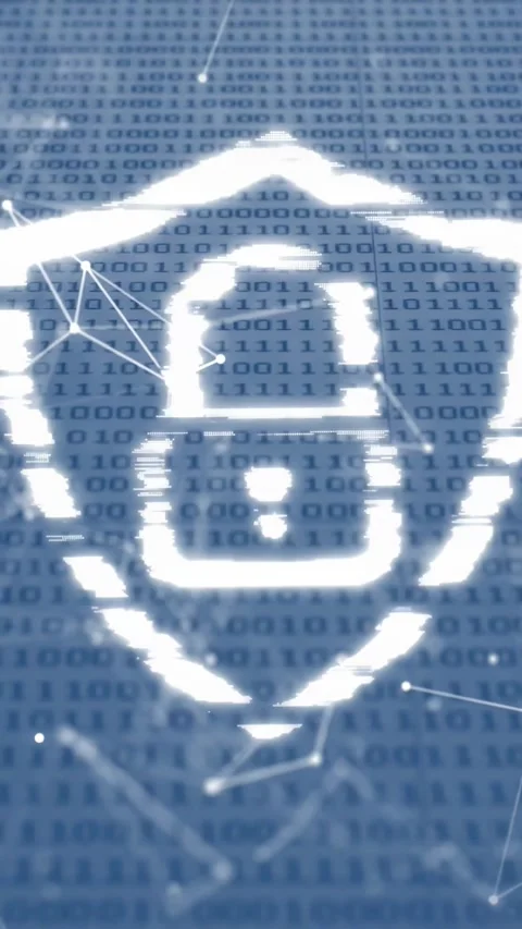 Vertical video: Light streaks sweeping, revealing shield with padlock, showing Stock Footage 329934160