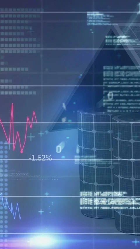 Vertical video: Light sweep sparking data, solar array steady while blue graph Stock Footage 334187206