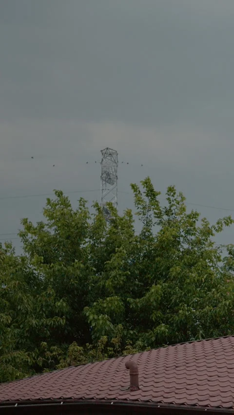 Vertical video Lightning strikes in blue sky near high voltage wires and trees Stock Footage 323353006