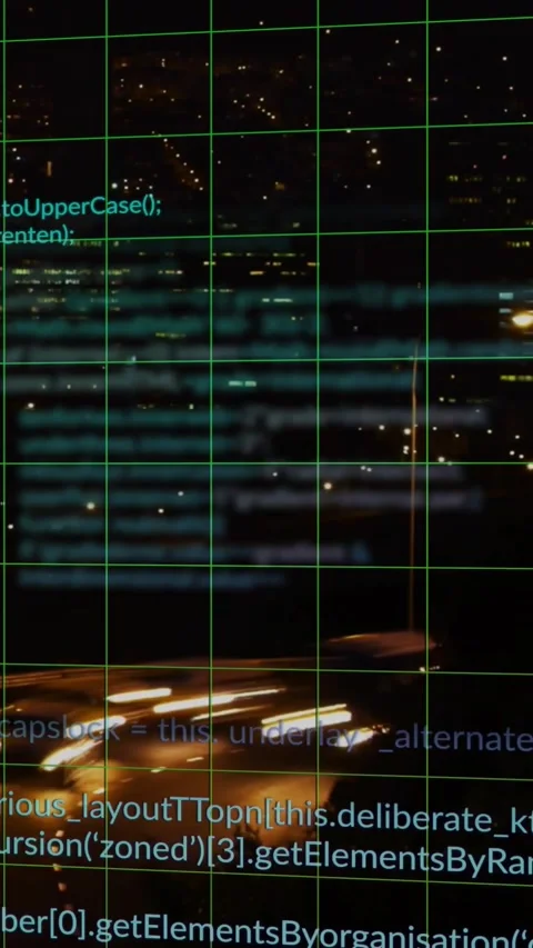 Vertical video: Lights moving, starting cyan band, code scrolling up over green Stock Footage 329913425