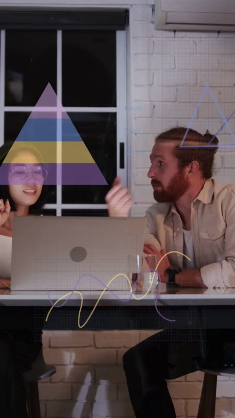 Vertical video: Live chart popping, woman pointing laptop, man watching, peer Stock Footage 333603797