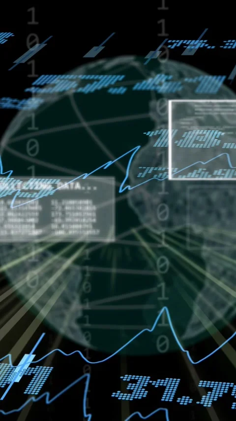 Vertical video: On live data digital globe rotating while panels and chart Stock Footage 334792699