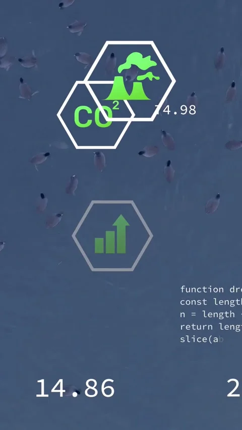 Vertical video: Live data driving climate hex overlays over water, CO2 centering 스톡 동영상 333836033