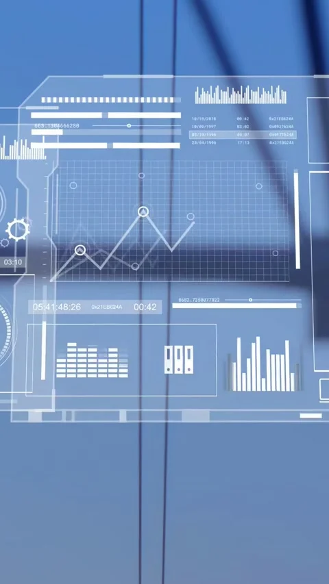 Vertical video: Live data driving HUD charts sliding over power cables revealing Stock Footage 334604710