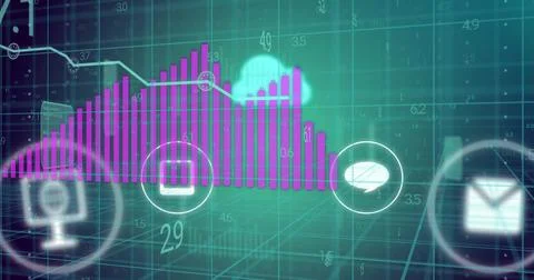 Vertical video: Live data driving purple bars rising on grid with line cloud Stock Illustration