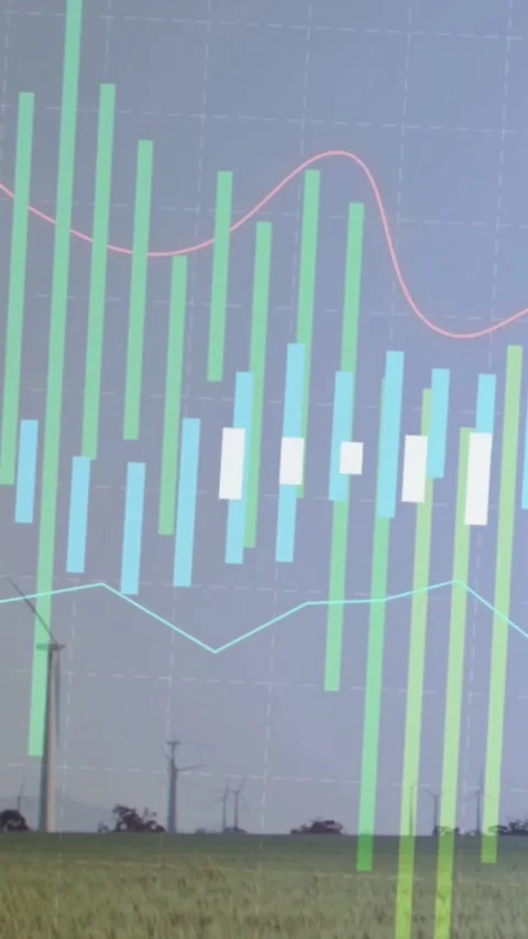 Vertical video: Live wind data feeding chart over turbines, bars pulsing, lines Stock Footage 334382297