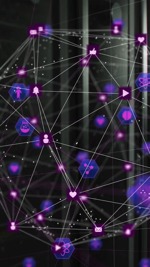Vertical video: On load 3D sphere rotating as nodes pulsing and icons moving to Stock Footage 333006174