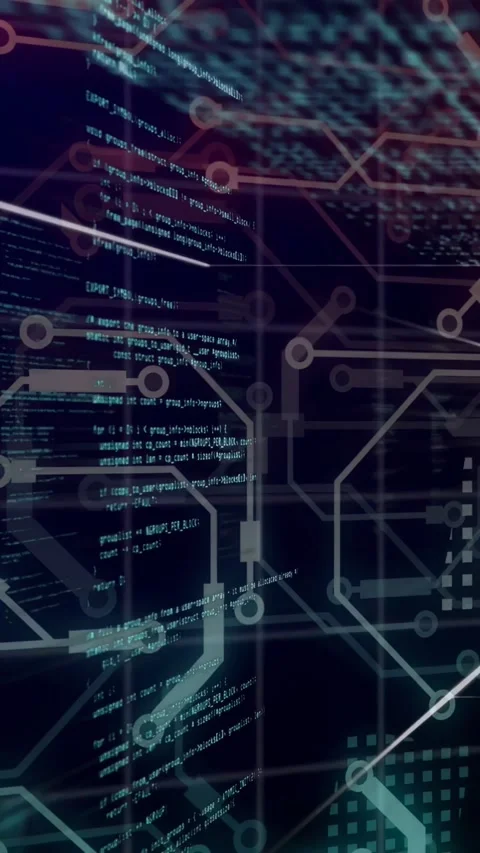Vertical video: On load circuit overlay animating code panels scrolling beams Stock Footage 333513533