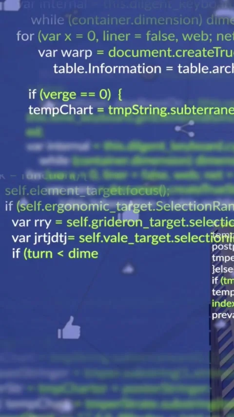 Vertical video: On load code block scrolling up, green tokens moving, icons 스톡 동영상 331790730