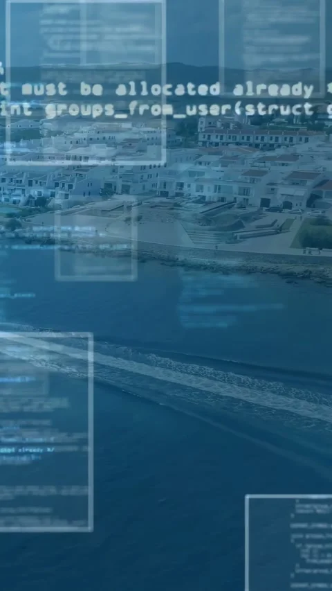 Vertical video: On load code windows appearing and shifting over harbor, Vidéo 337540895