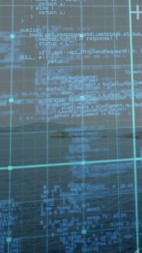 Vertical video: on load cyan grid and code scrolling down, revealing island and Stock Footage 328398358