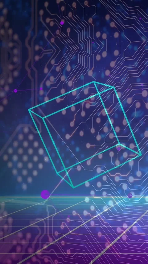 Vertical video: On load, cyan wireframe cube appearing, rotating and drifting Stock Footage 334917020