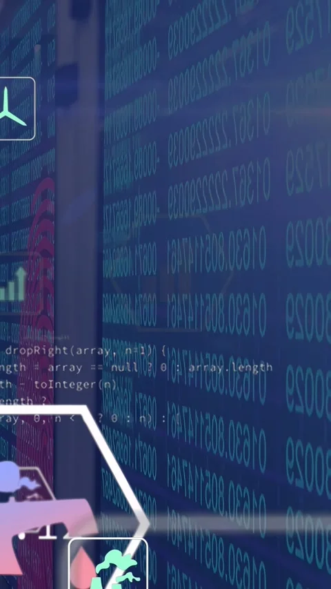 Vertical video: On load data wall streaming numbers while hex icons shifting to 库存影片 332595045