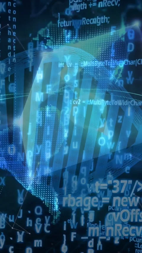 Vertical video: On load DNA helix rotating revealing code layers forming mesh Stock Footage 329552787