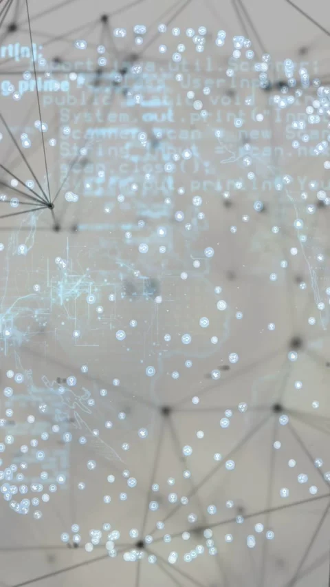 Vertical video: On load globe spinning, dots drifting, code scrolling, nodes Stock Footage 333542185