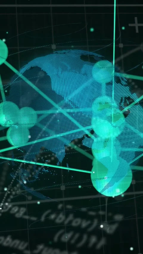 Vertical video: On load teal globe rotating, nodes scaling and clustering to Stock Footage 334423390