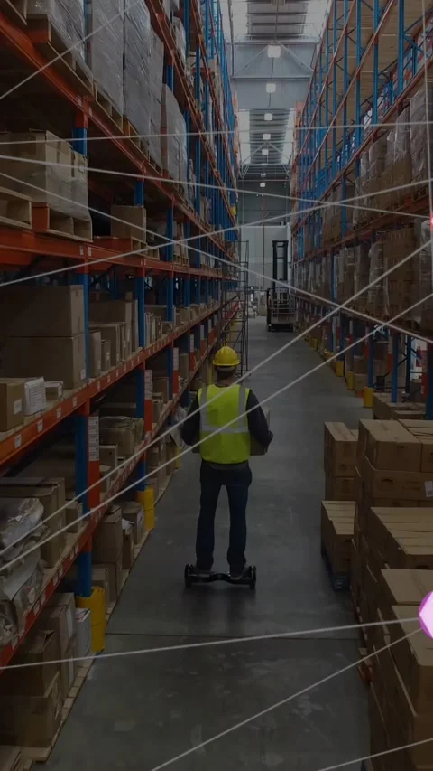 Vertical video: Logistics pro starting scooter, riding aisle as nodes clustering Video stock 331168773